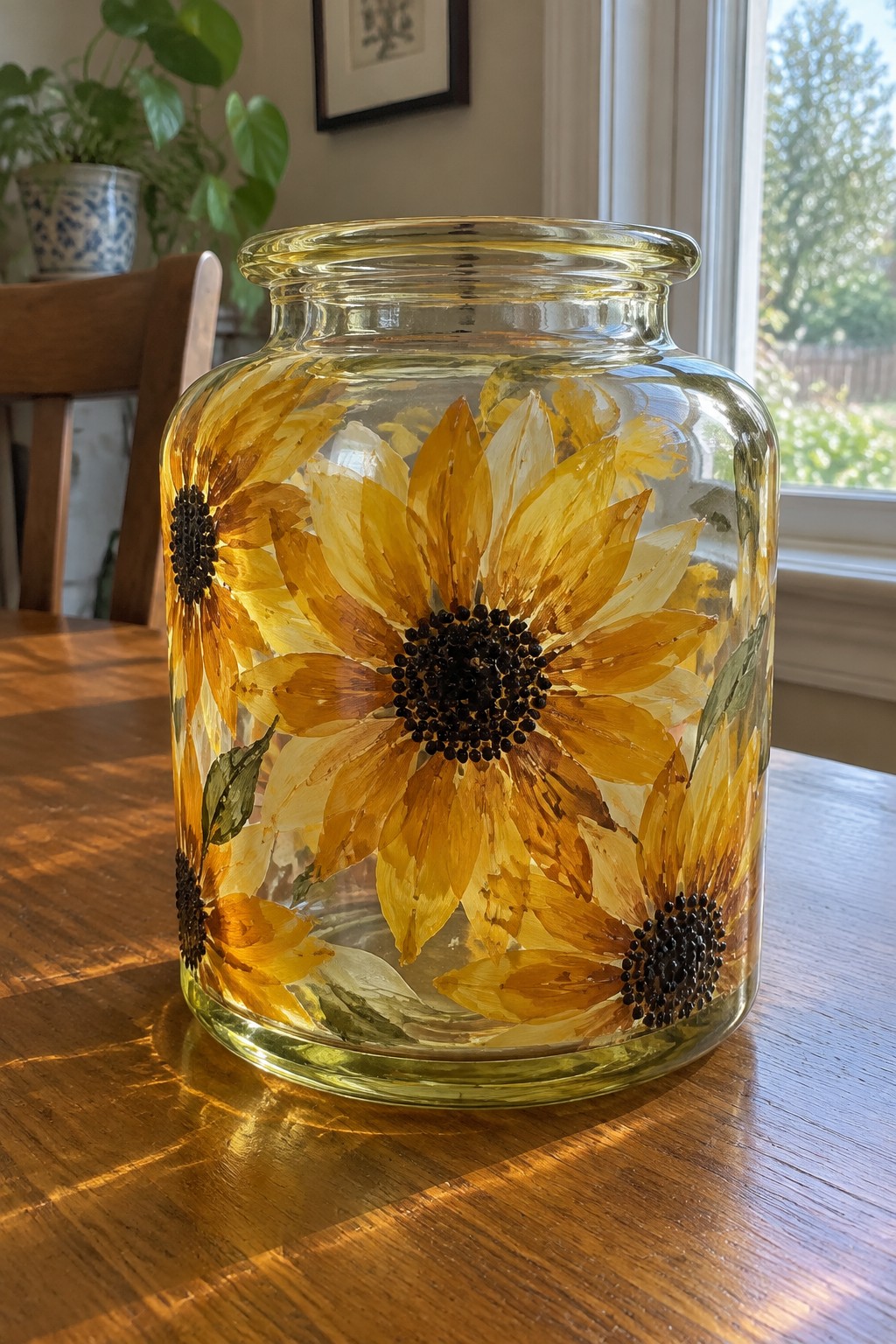 Glass jar adorned with pressed yellow sunflowers on sunlit wooden table
