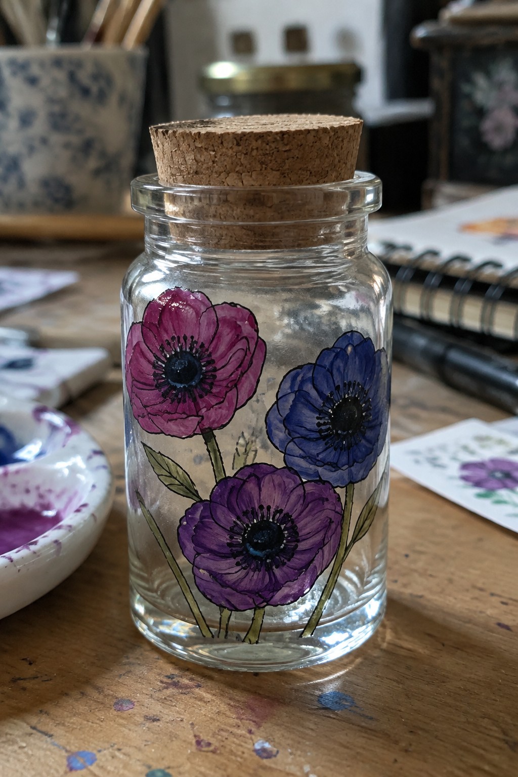 Glass jar with cork lid hand-painted with pink, blue, and purple flowers on wooden table