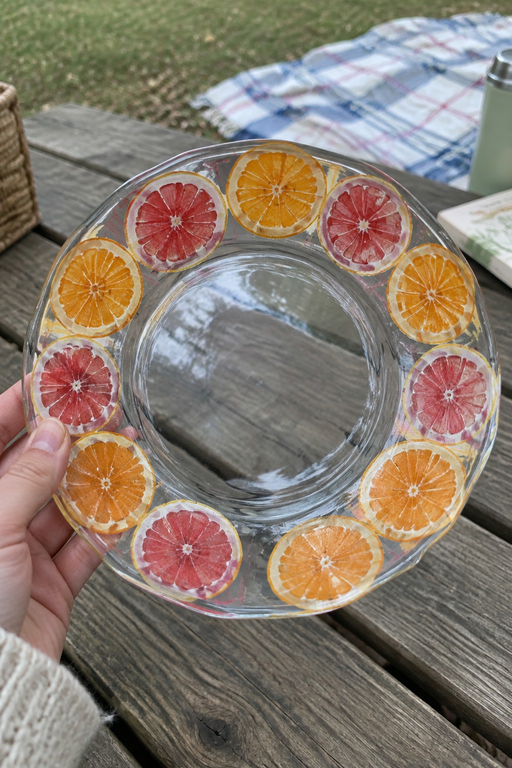 Hand holding clear glass bowl edged with dried orange and grapefruit slices at picnic table