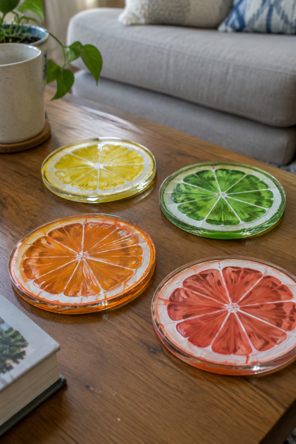 Four vibrant citrus-slice coasters on a wooden living room table.