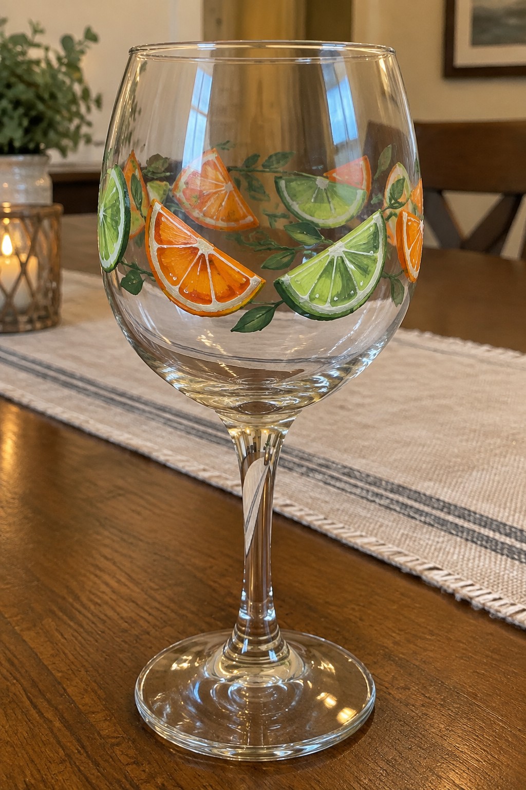 Wine glass hand-painted with citrus slices and green leaves on wooden table