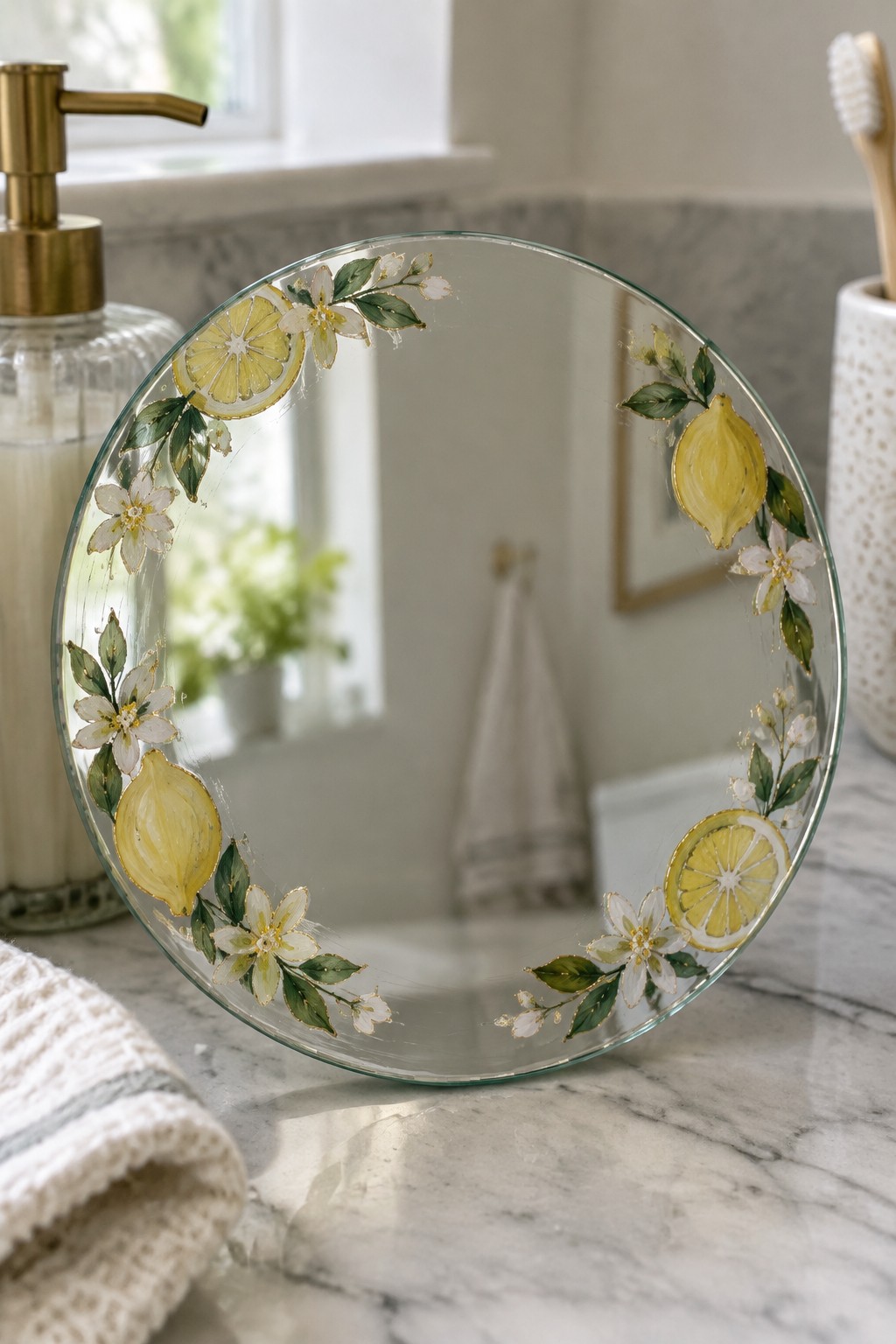 Round glass plate with lemons, flowers, and leaves on marble bathroom counter