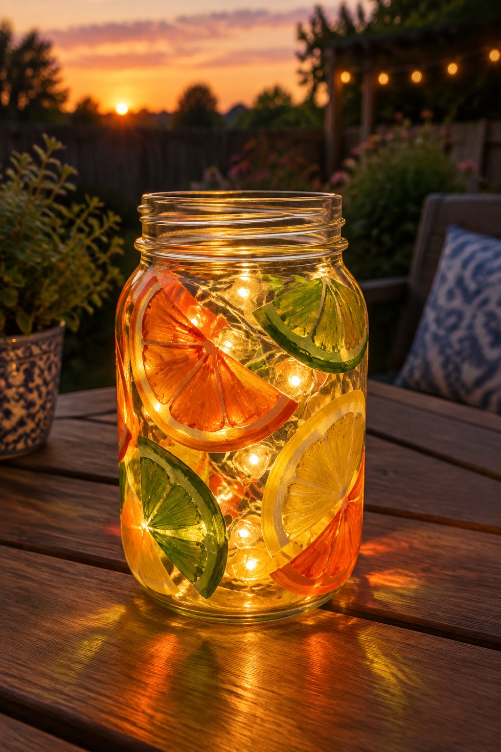 Glowing mason jar with citrus slices and string lights on wooden table at sunset