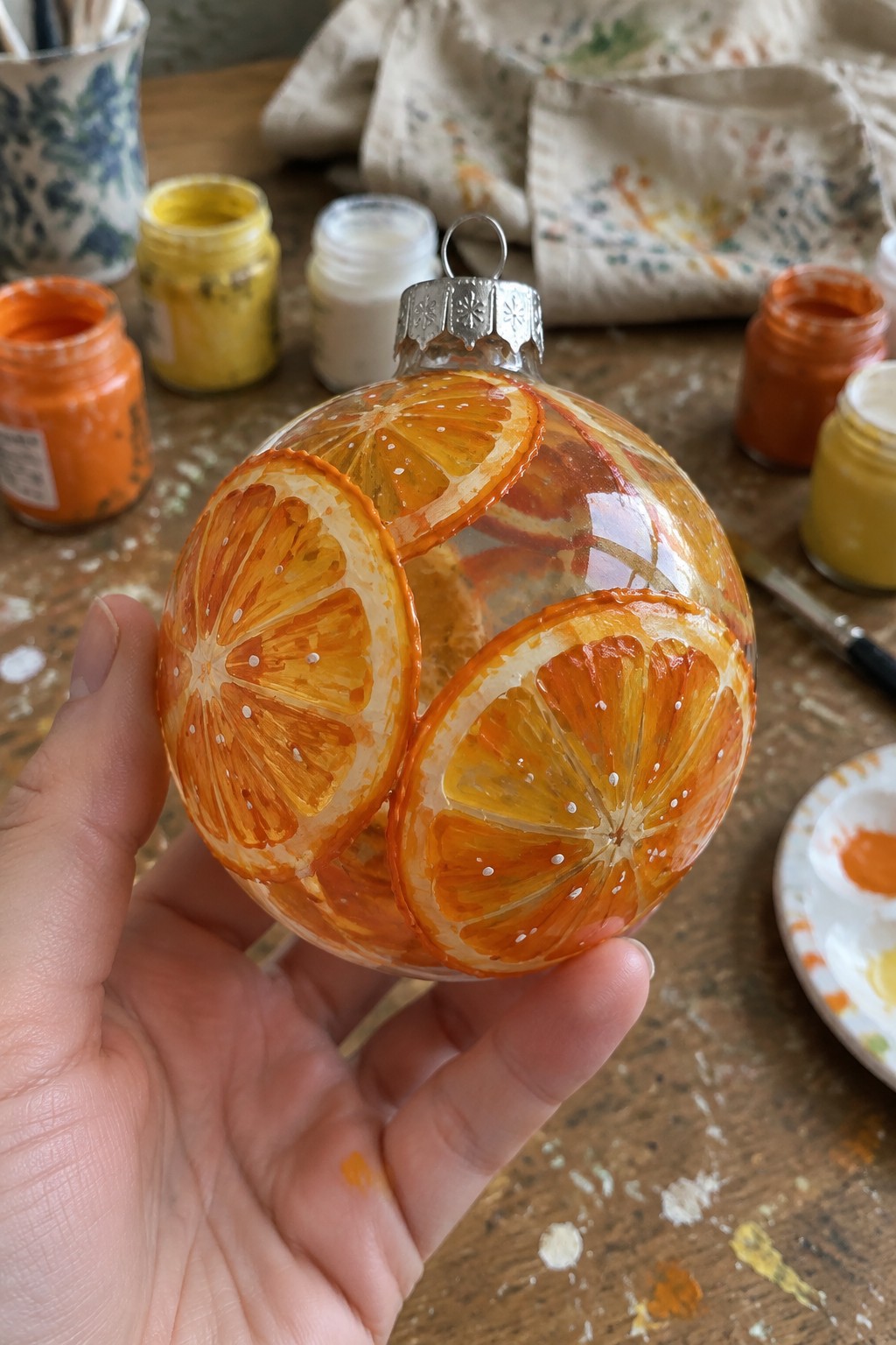 Hand holding clear glass ornament painted with orange citrus slices amid paint jars