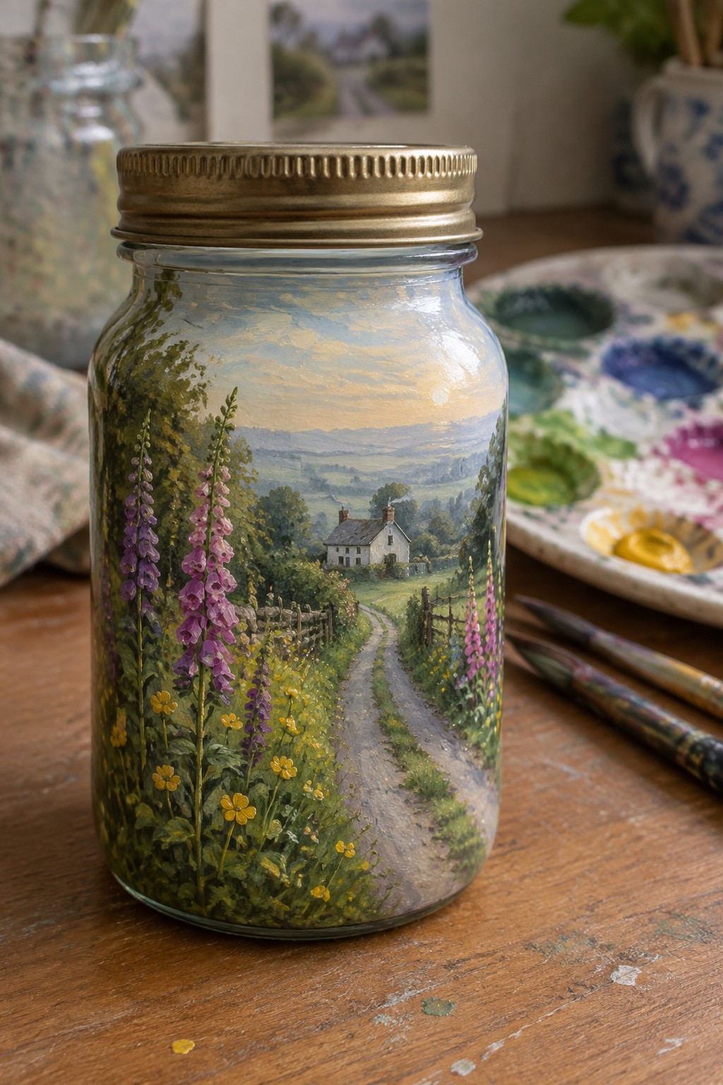 Painted glass jar with rural landscape, purple foxgloves, path, gold lid on wooden table