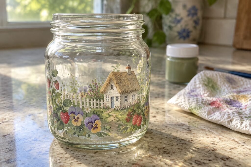 20 Creative Glass Jar Painting Ideas Featuring Tiny Cottagecore Scenes Hand-painted glass jar with cottage, garden, strawberries, pansies and white fence