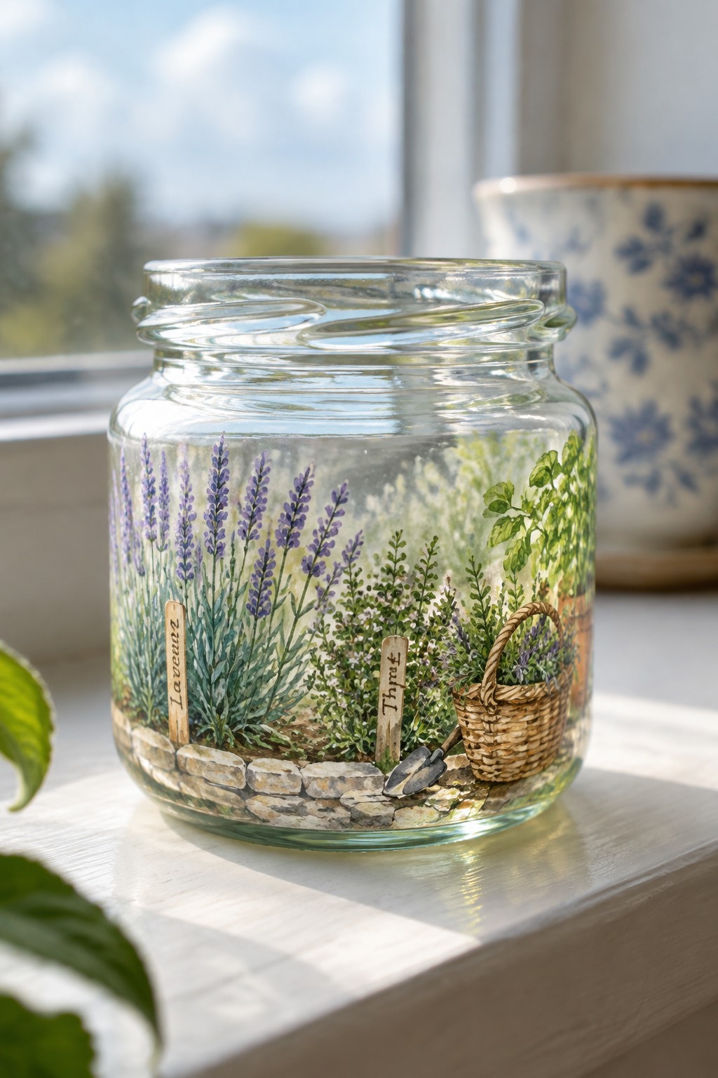 Glass jar painted with lavender, thyme, basket and stone wall on sunny windowsill