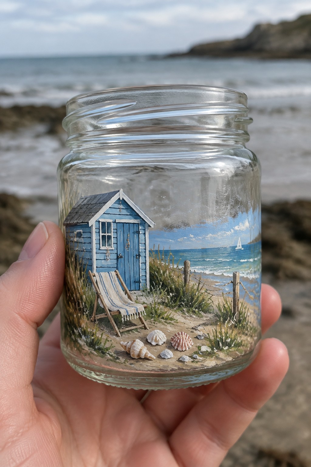 Hand holding jar with painted blue beach hut, deck chair, and seashells.