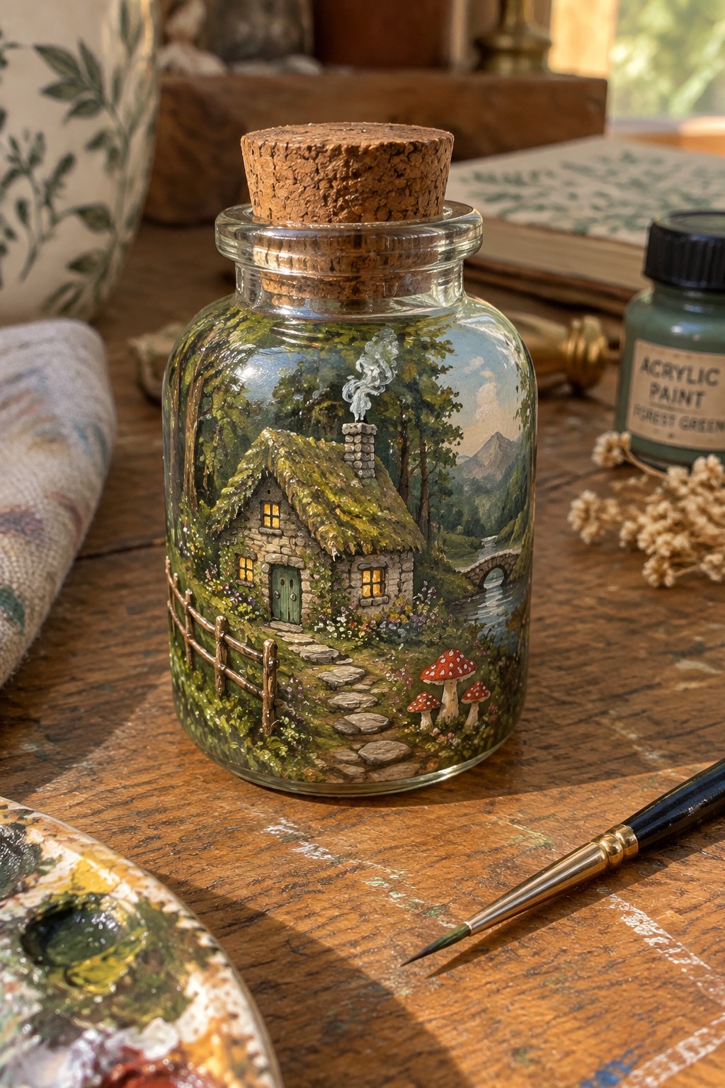 Corked glass jar with miniature cottage scene amid paintbrush and palette on wood