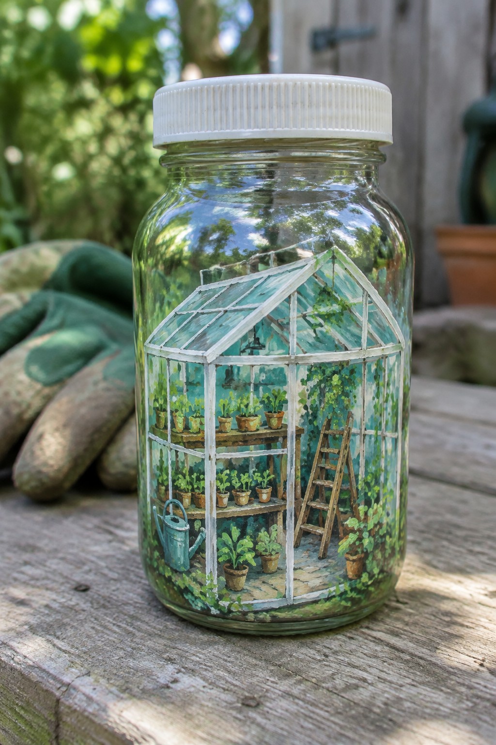 Glass jar with white lid painted as greenhouse scene beside green gardening glove on wood