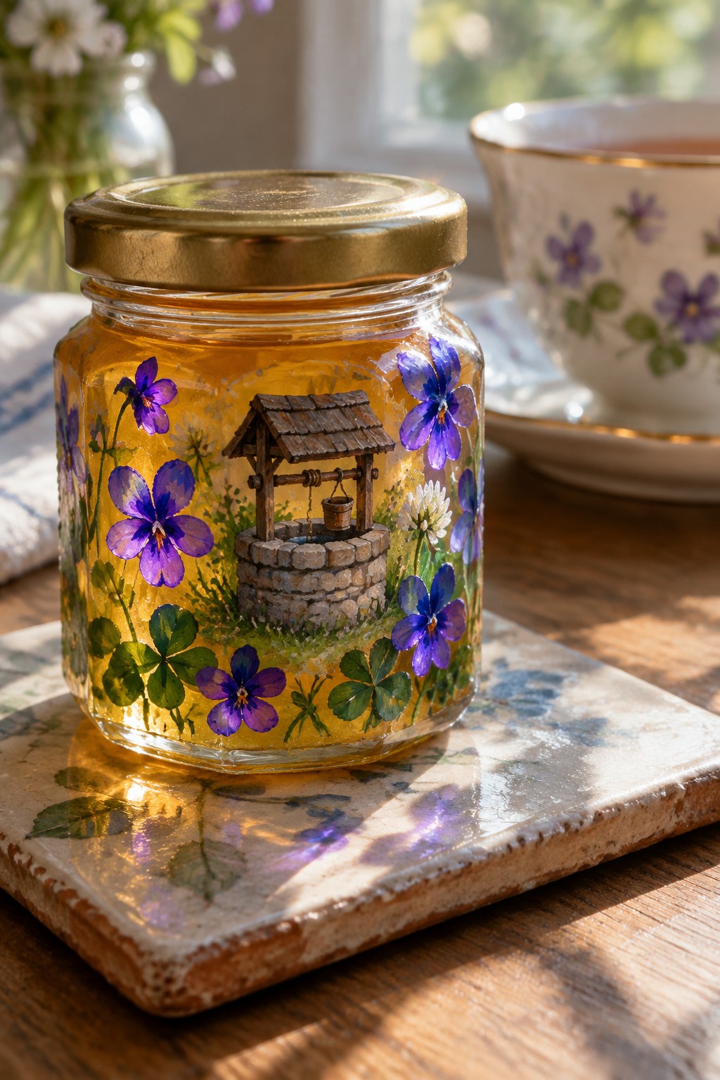 Glass jar of golden honey painted with violets and a miniature stone well on tile