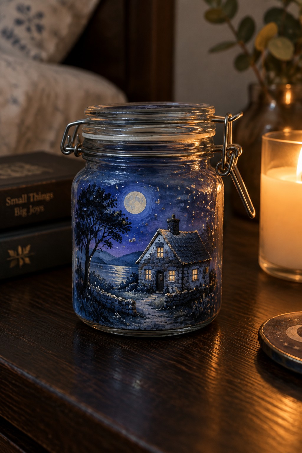 Glass jar painted with moonlit stone cottage by lake beside glowing candle on wood table