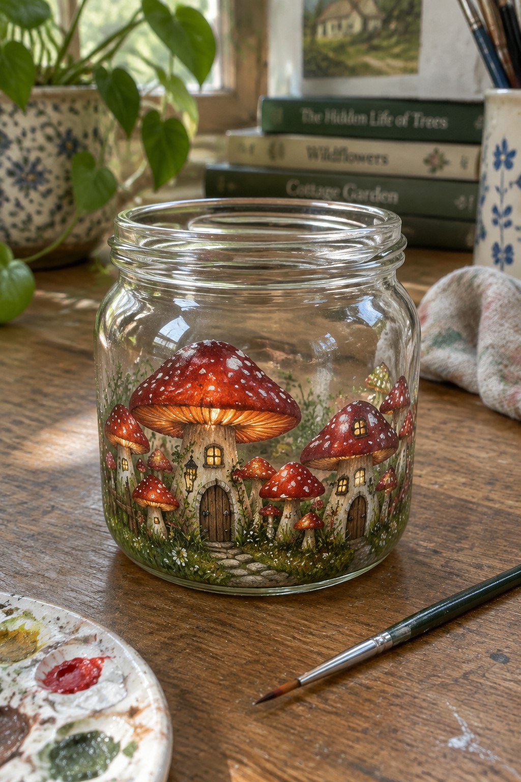 Painted glass jar with glowing red mushroom fairy houses on wooden table