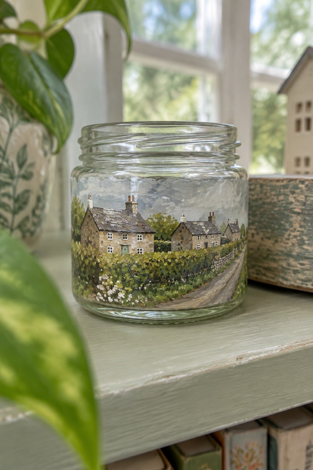 Hand-painted glass jar with stone cottages, road, and green hedges on shelf
