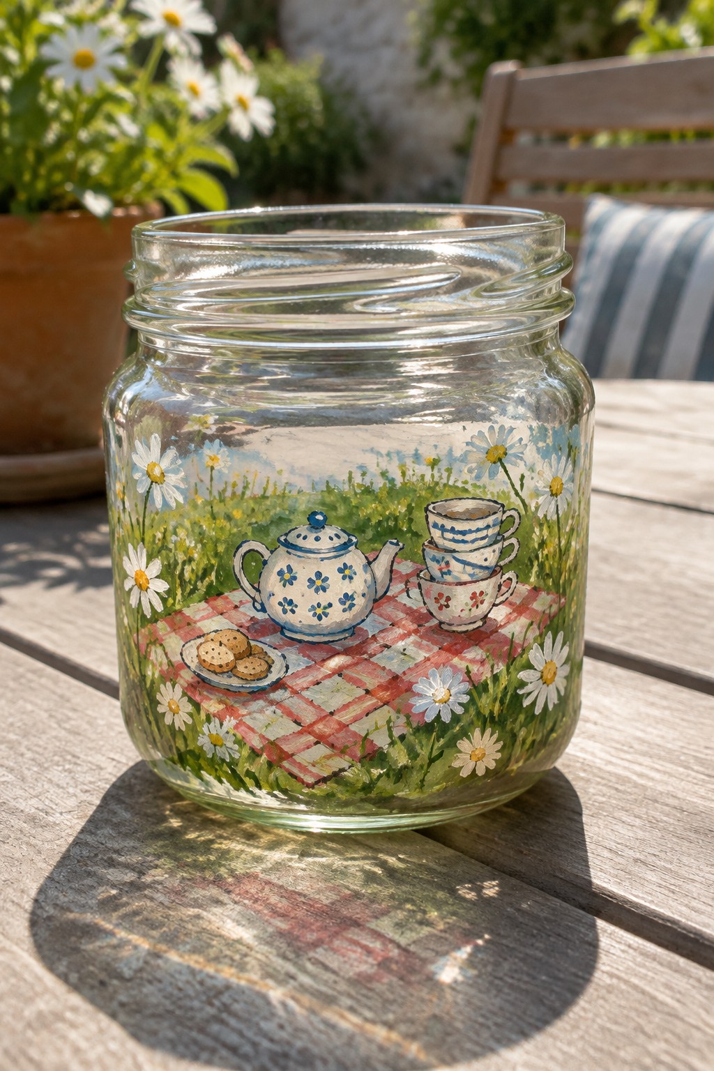 Painted glass jar showing picnic with teapot, stacked cups, cookies on checkered blanket amid daisies.