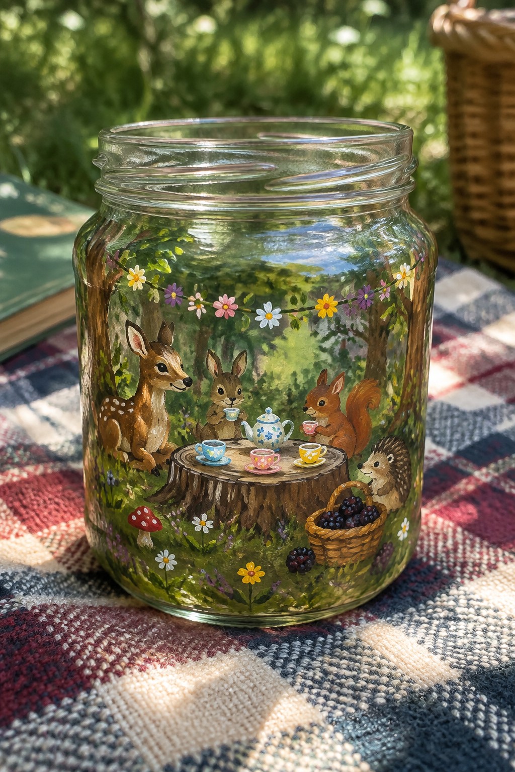 Painted glass jar with woodland animals at tea party on tree stump