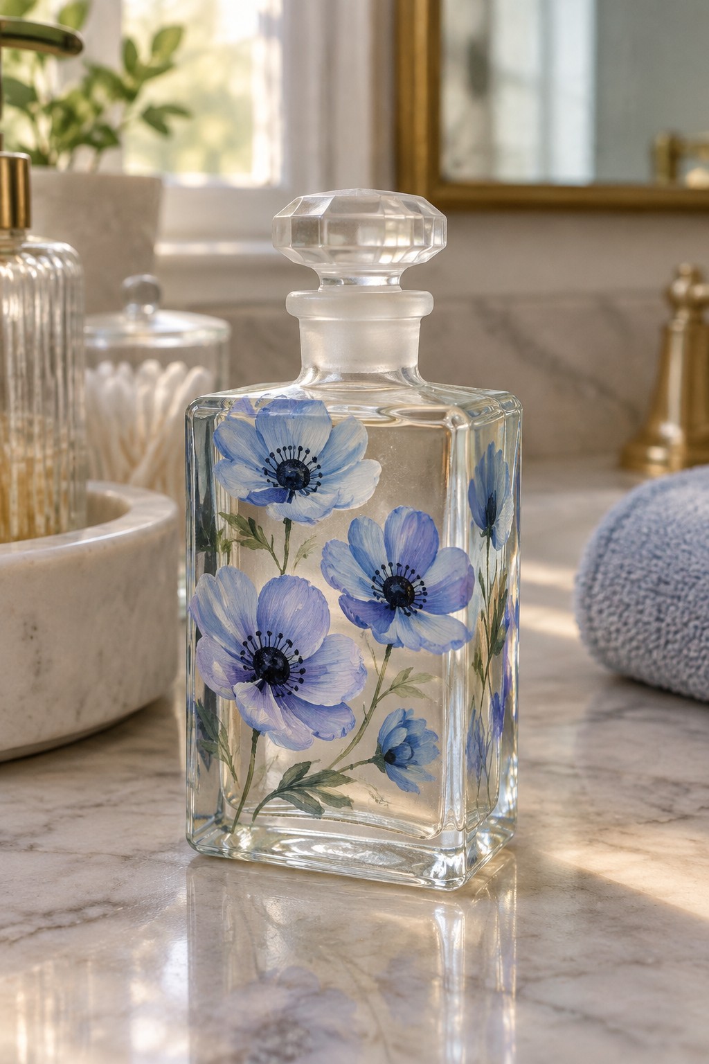 Glass decanter with blue floral painting and crystal stopper on marble bathroom counter