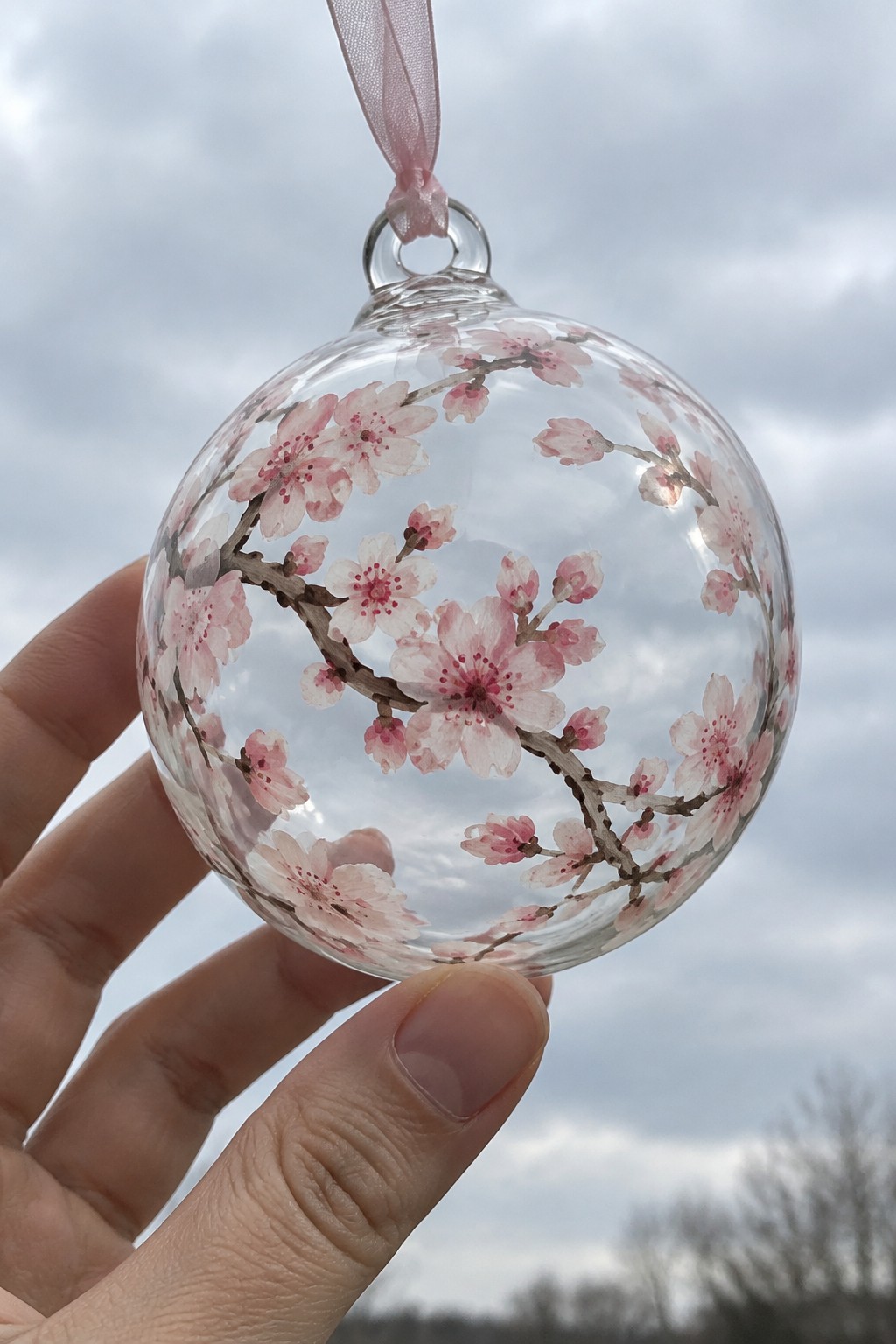 Hand holding clear glass ornament with pink cherry blossoms on ribbon
