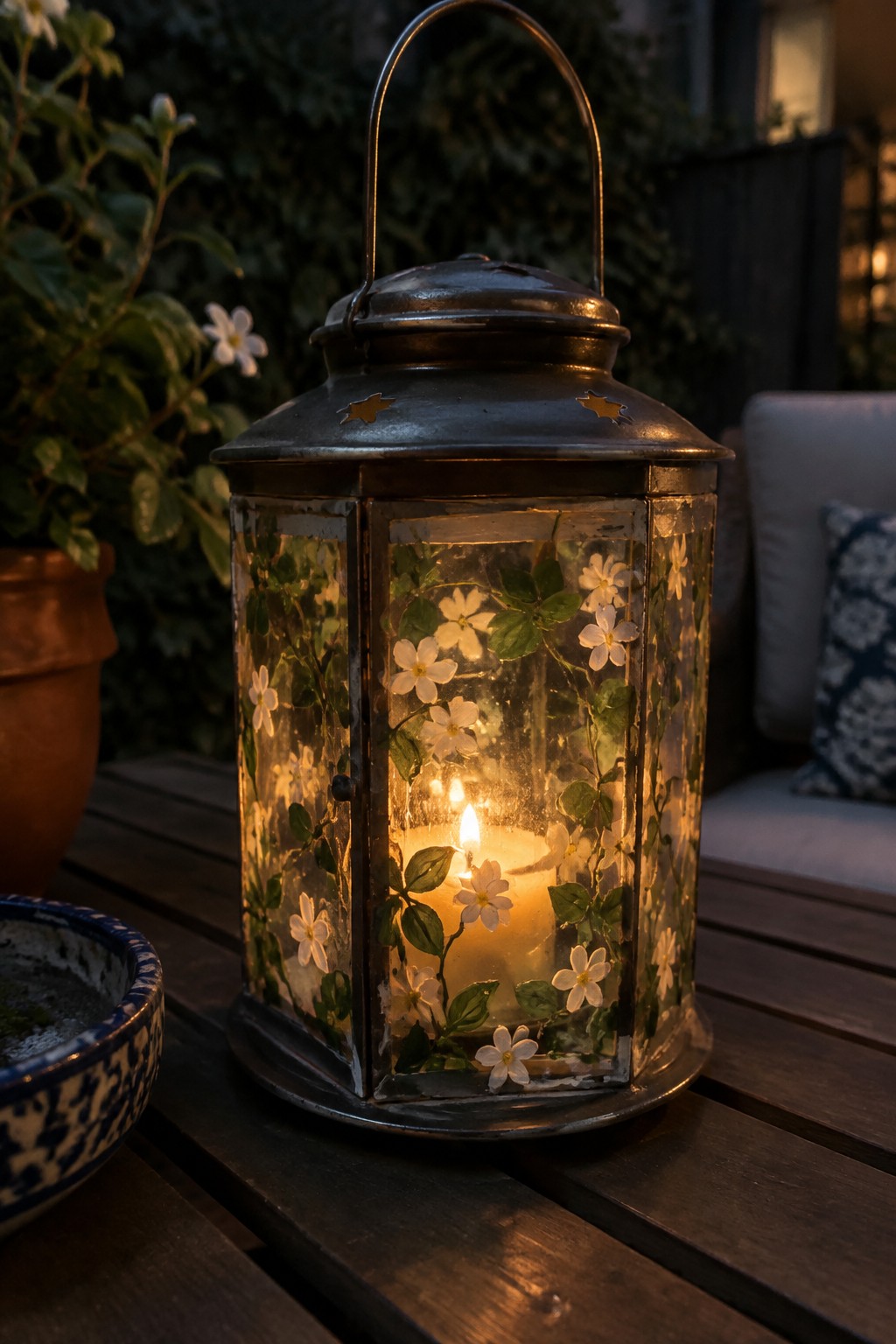 Lit candle lantern with white floral decals on glass panels atop wooden table