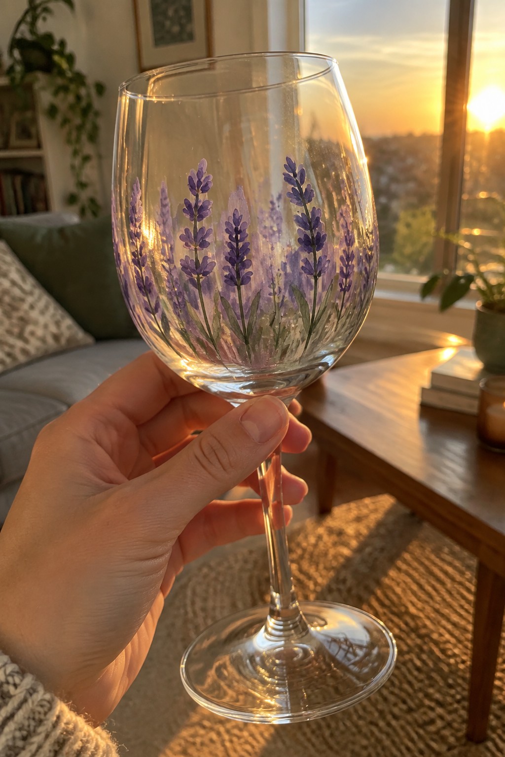 A hand holds a clear wine glass painted with purple lavender flowers against a sunset view through a window.