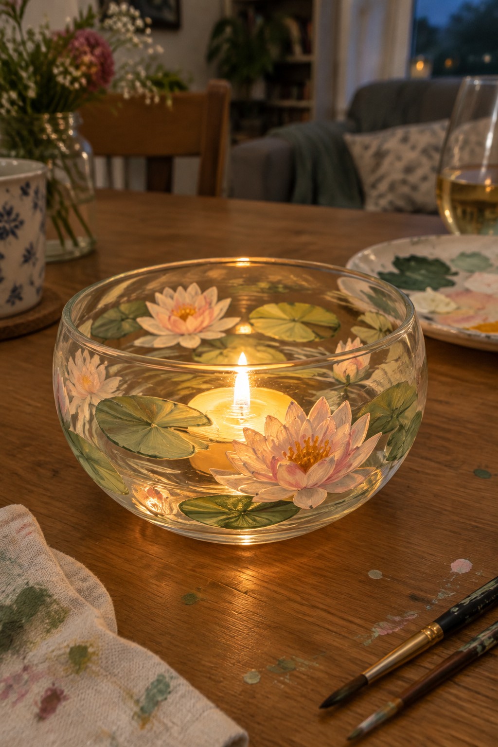 Lit candle in hand-painted glass bowl with pink lotus flowers and lily pads on wooden table