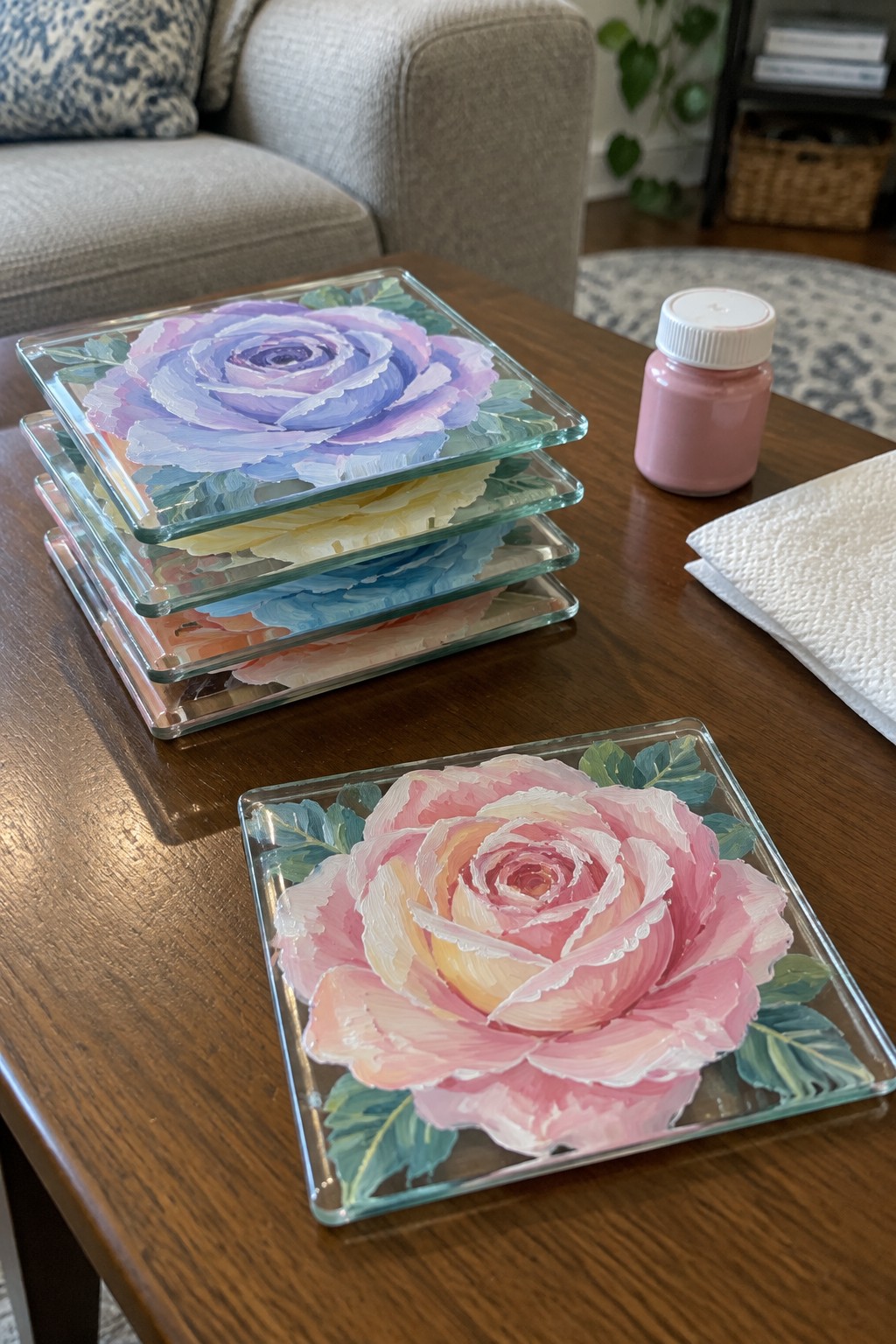 Painted rose coasters stacked on wooden table with pink paint jar nearby