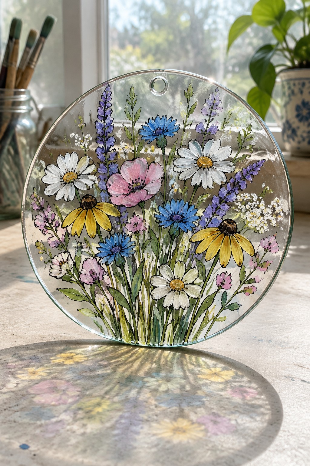 Round glass suncatcher painted with colorful wildflowers on sunny windowsill