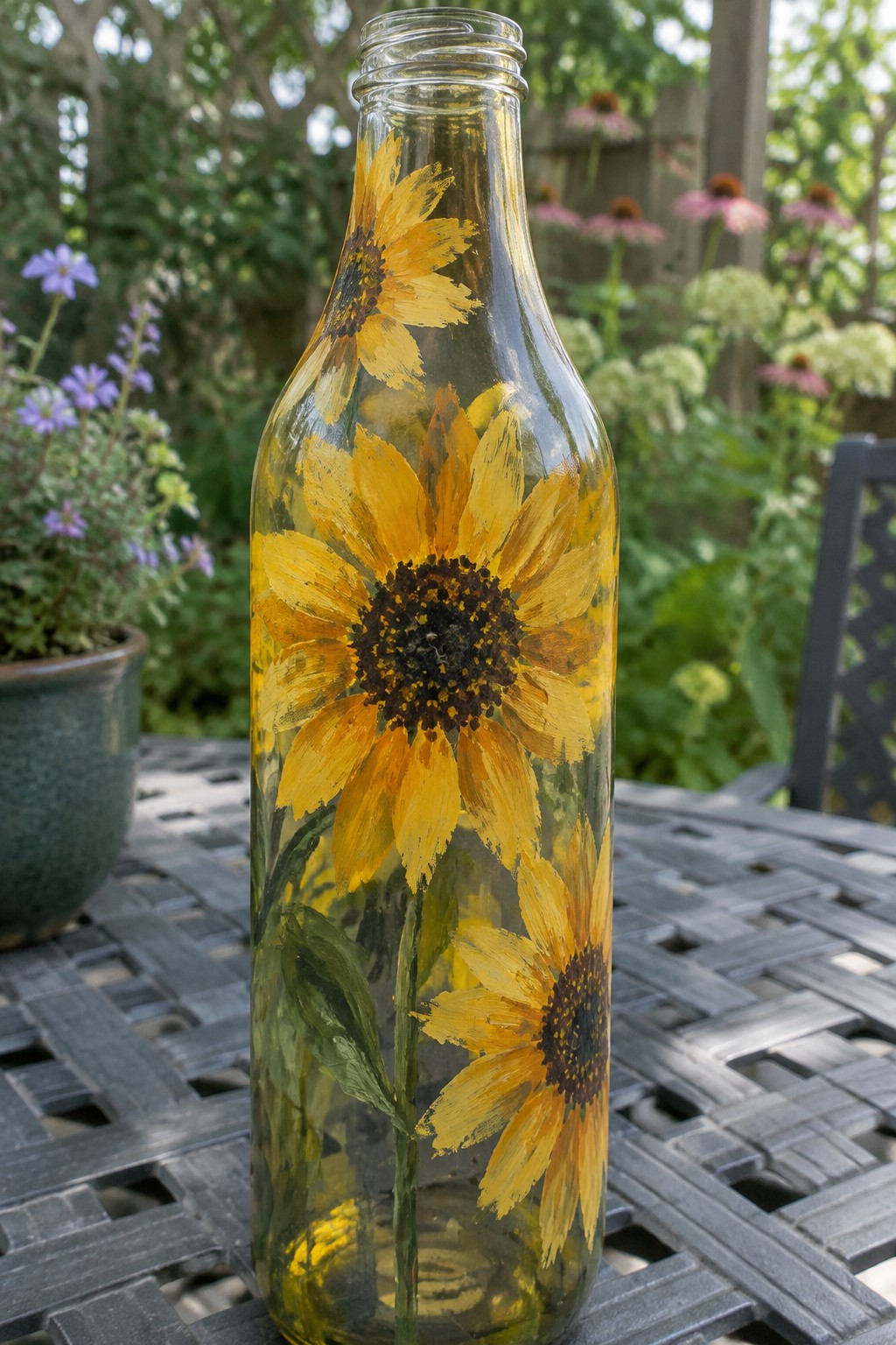 Painted glass bottle with yellow sunflowers on dark woven outdoor table in garden