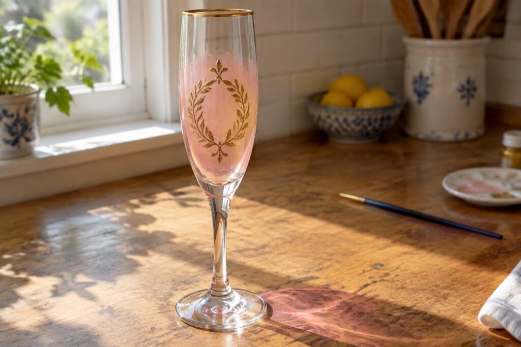 20 Personalized Painted Champagne Glasses With Monogram Designs Clear champagne flute with pink texture and gold laurel wreath on wooden table