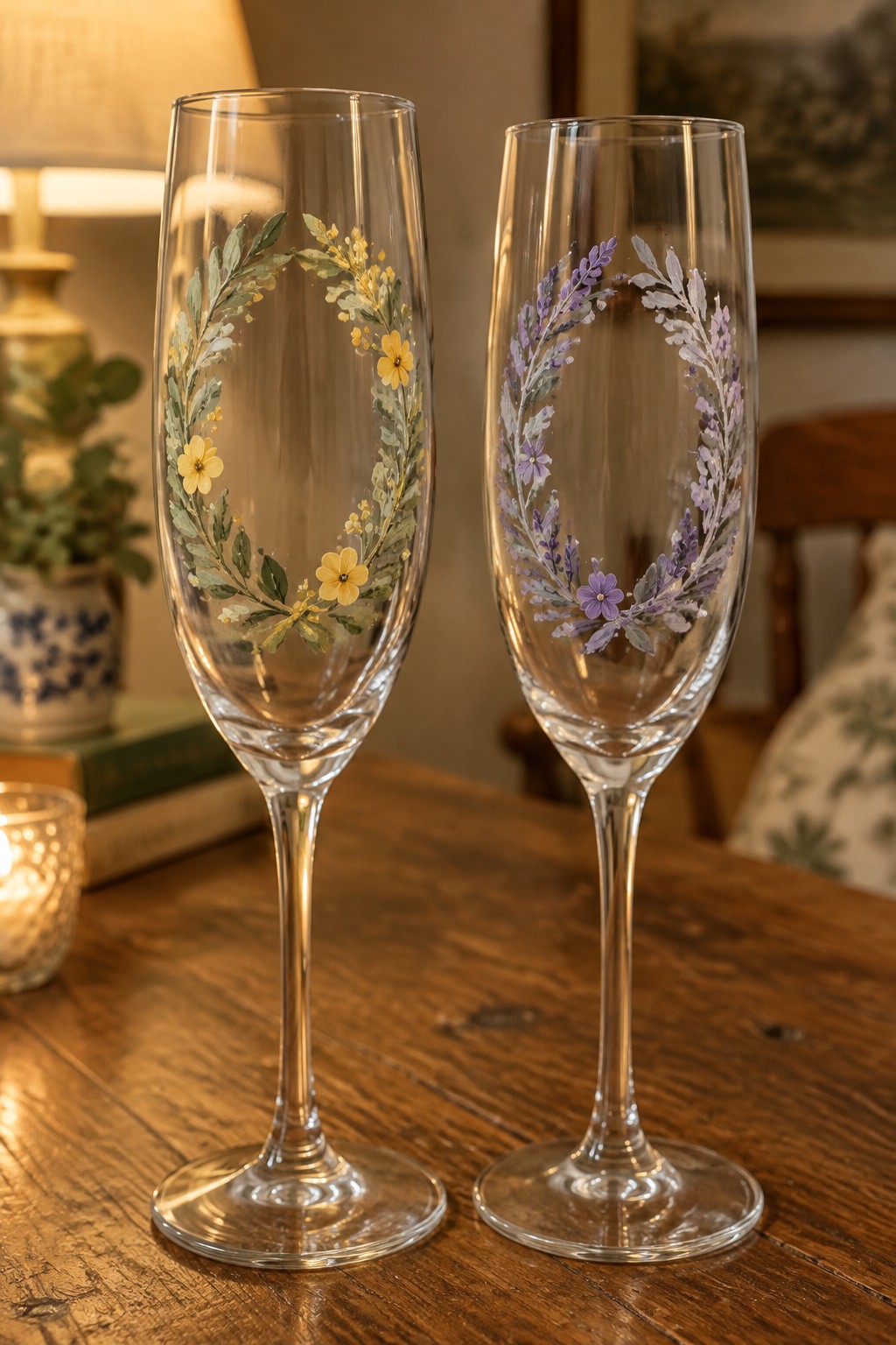 Two clear champagne flutes on a wooden table, one with a yellow floral wreath and one with a purple floral wreath painted on the bowls.
