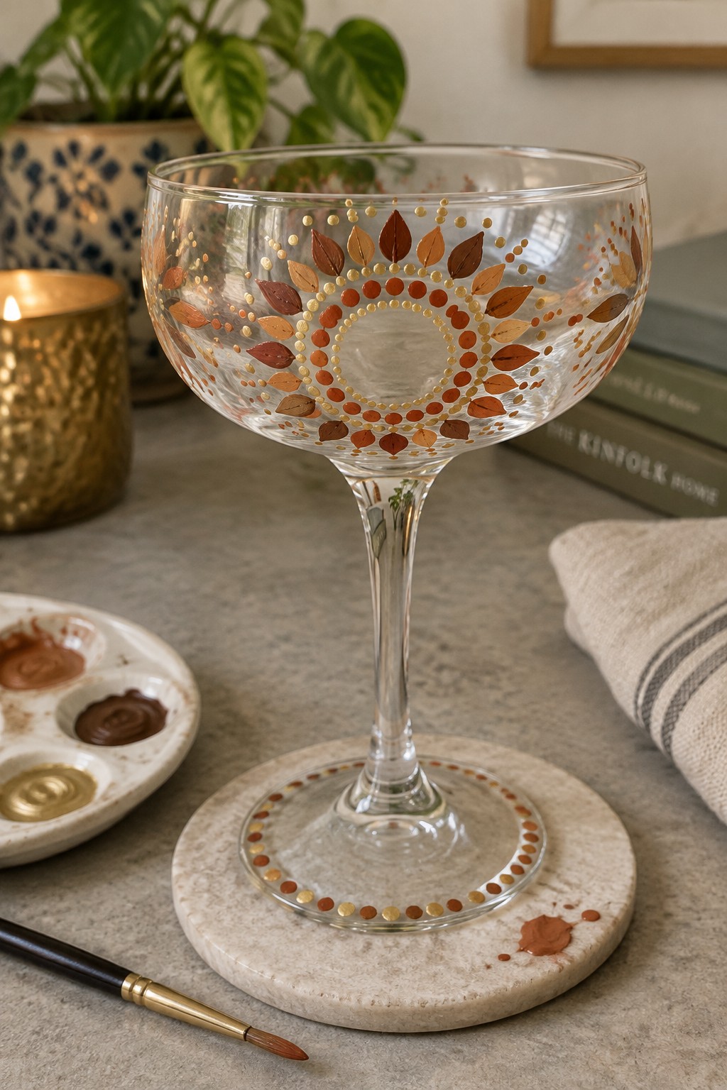 Hand-painted coupe glass with autumn leaf motifs on marble coaster beside paint supplies