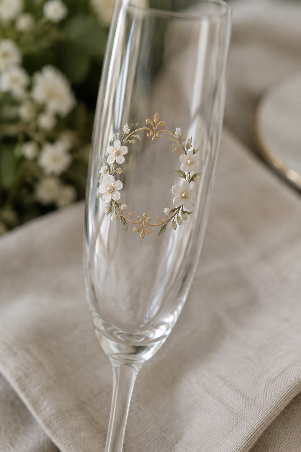 Clear champagne flute with white floral wreath, pearls and gold accents on linen.
