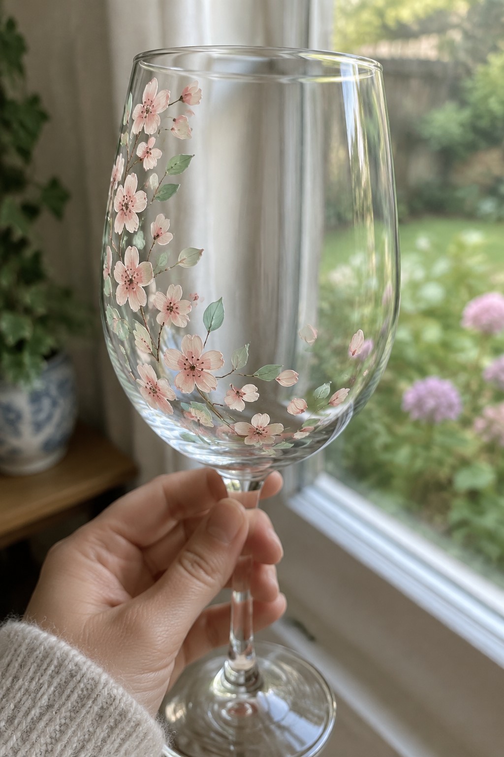 Hand in beige sweater holding wine glass with pink cherry blossoms
