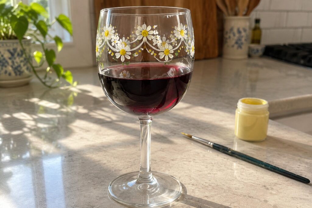 Wine glass of red wine with hand-painted white daisies on marble counter