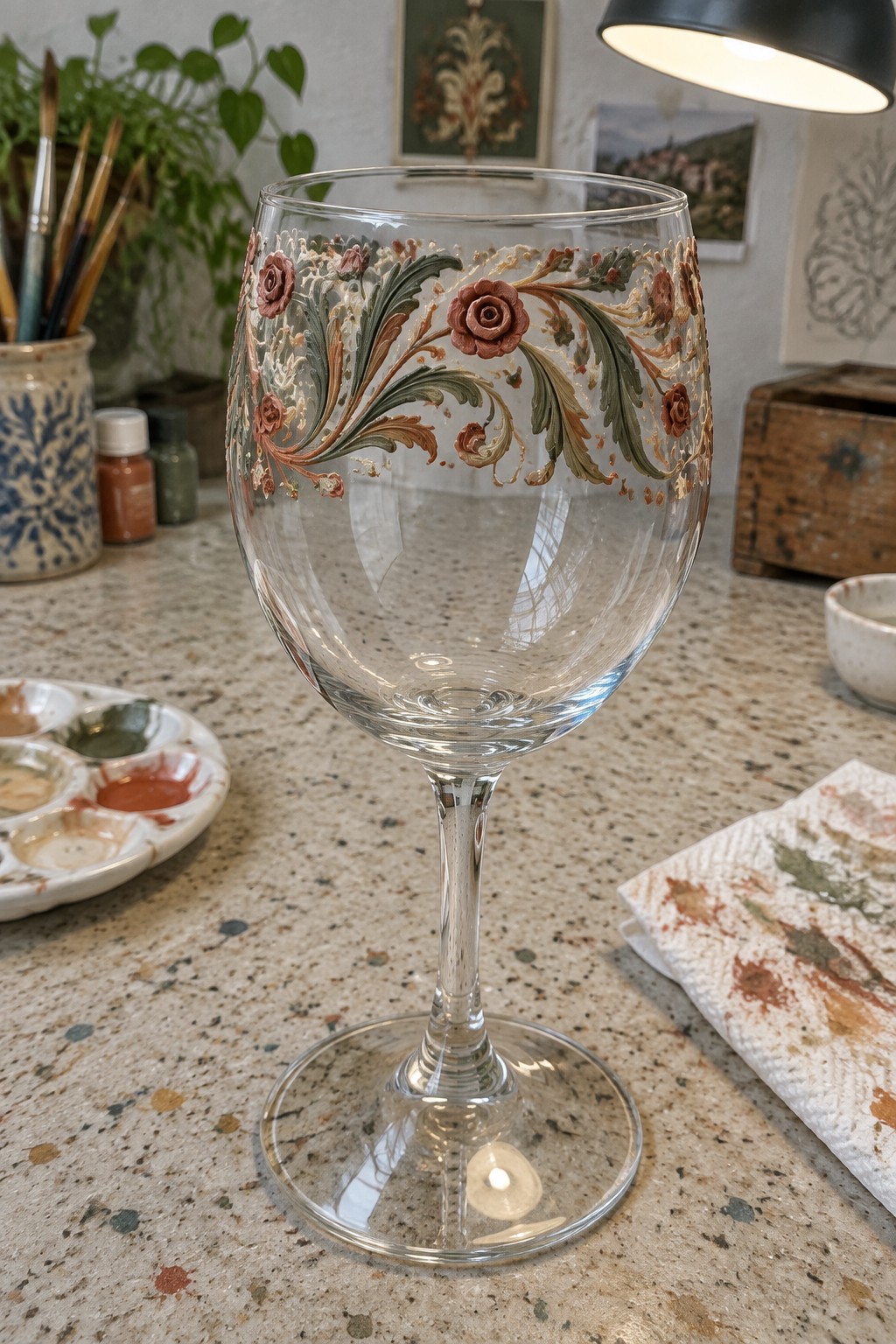 Ornate wine glass with pink roses, green leaves, and gold accents on countertop