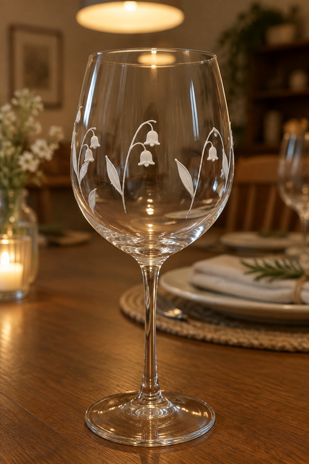 Crystal wine glass with etched lily of the valley on wooden dining table