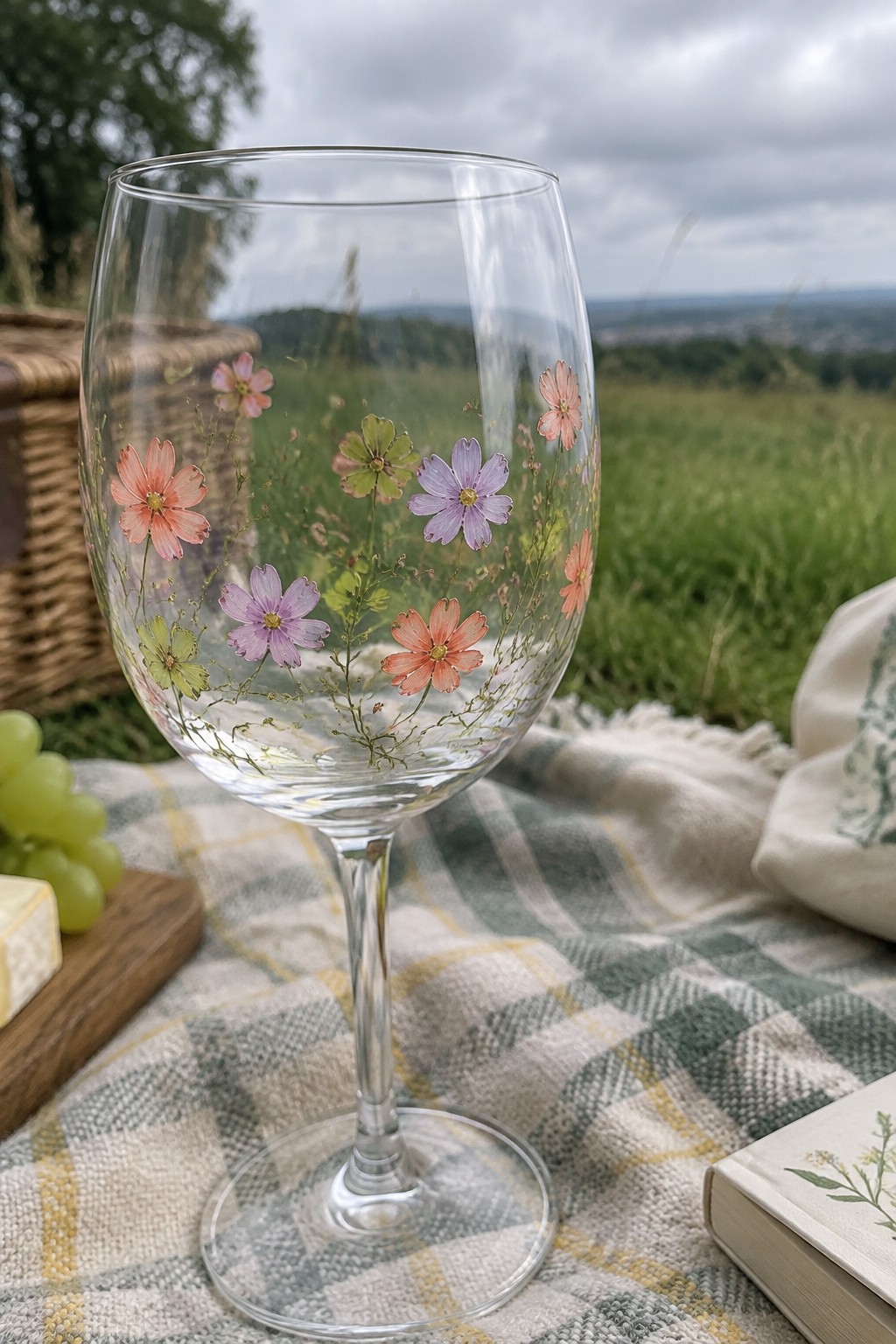 A clear stemmed wine glass with painted pink, purple, and orange flowers sits on a plaid picnic blanket outdoors.