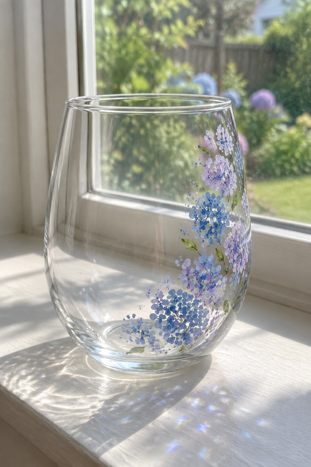 Clear glass tumbler painted with blue and purple flowers on sunlit windowsill