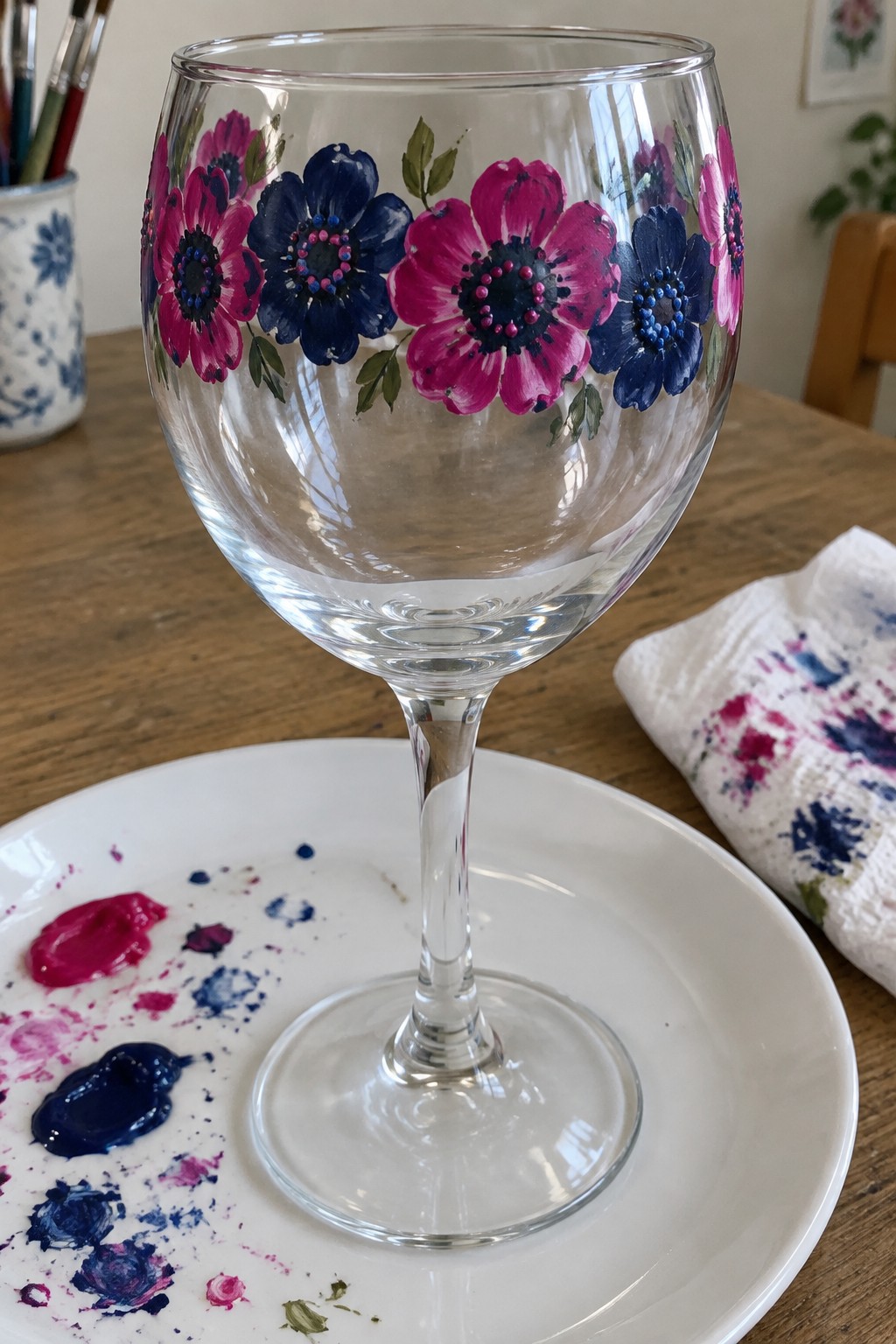 Hand-painted wine glass with pink and blue flowers on paint-stained plate
