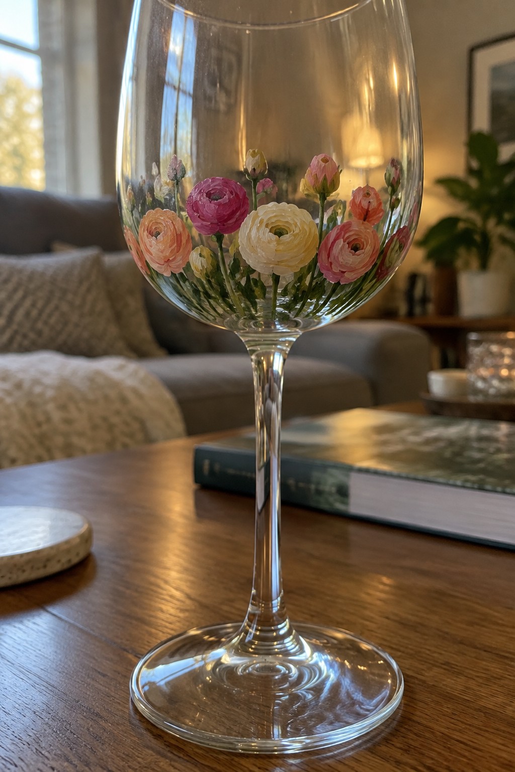 Wine glass hand-painted with pink, peach, and white flowers on wooden table