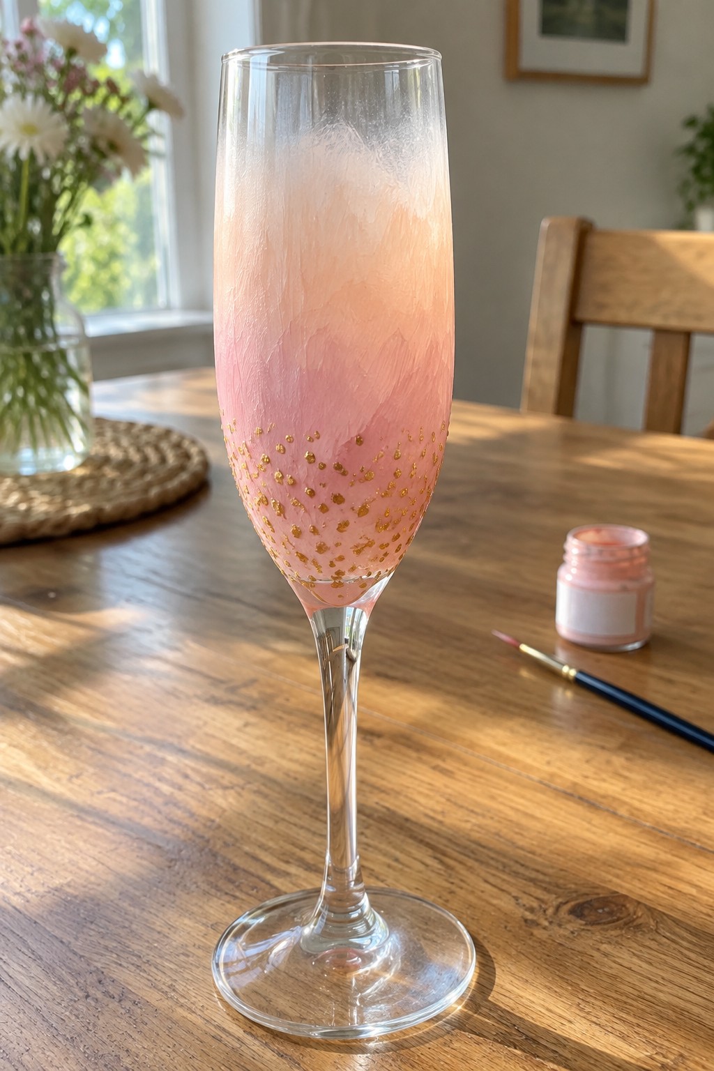 Pink ombre champagne flute with gold dots on wooden table beside paint jar