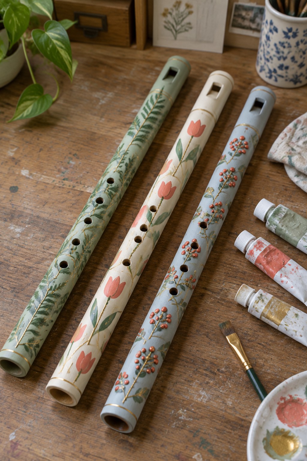 Three floral-painted flutes with gold accents beside paint tubes on wood.