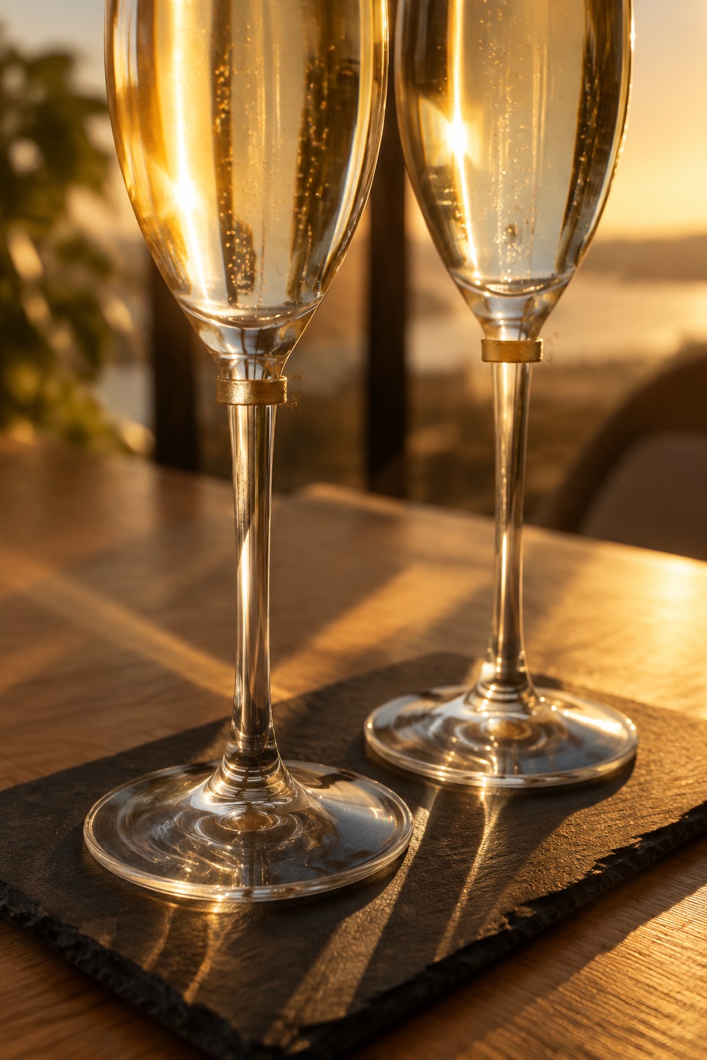 Two sparkling champagne flutes with gold accents on a slate coaster in golden sunlight