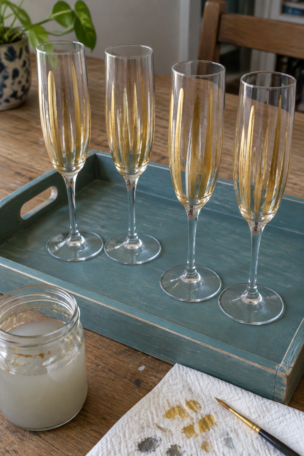 Four gold-striped champagne flutes on teal tray with paint jar and brush