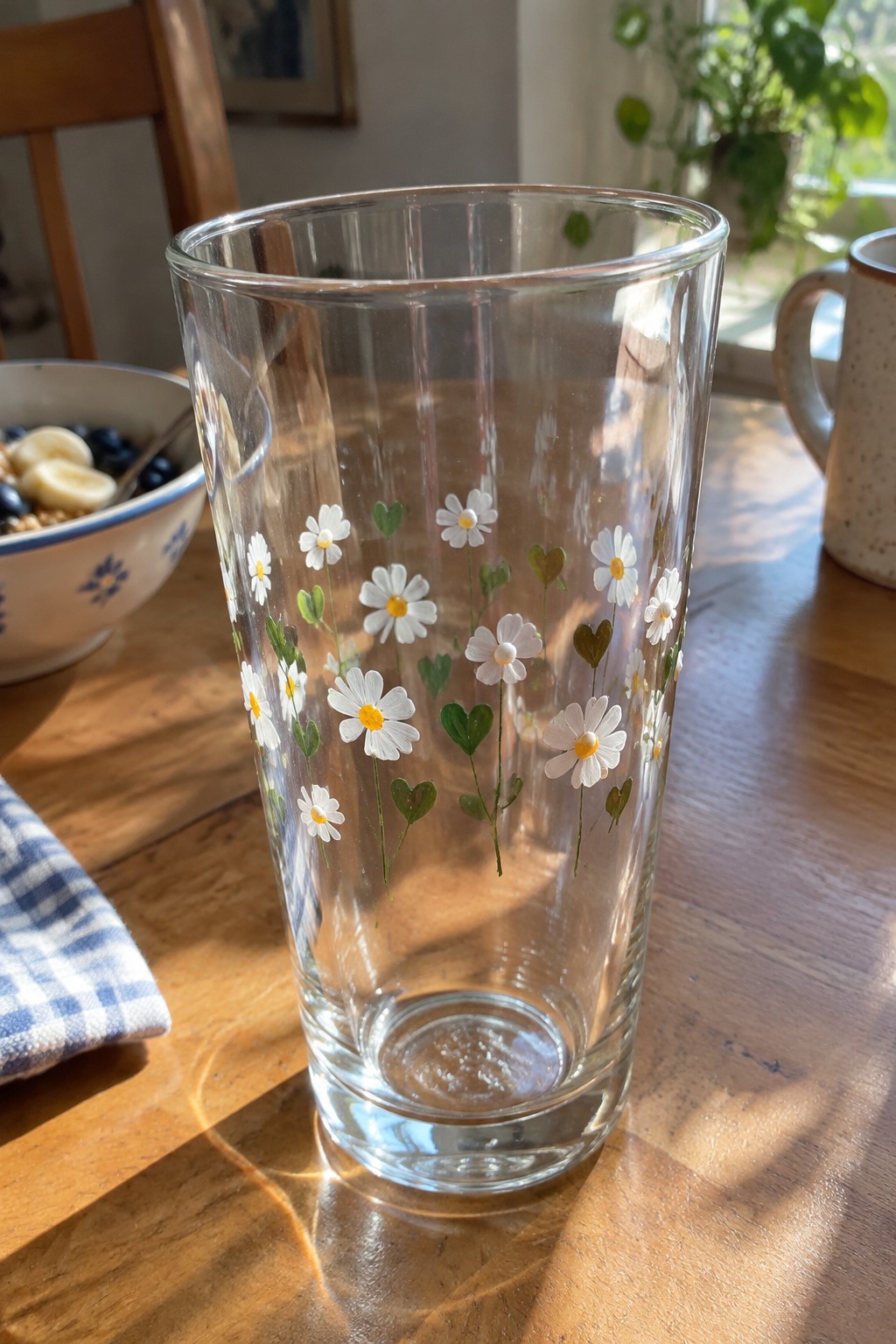 Clear glass tumbler with white daisies and green hearts on sunny wooden table