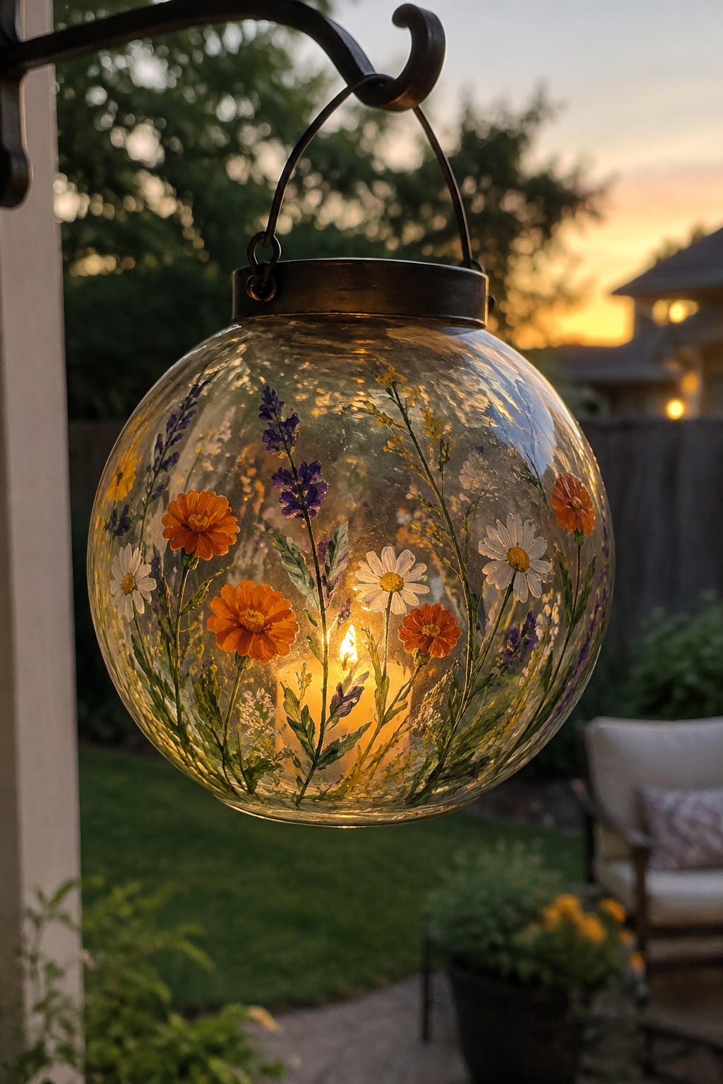 Hanging glass globe lantern with colorful pressed flowers and glowing candle at dusk