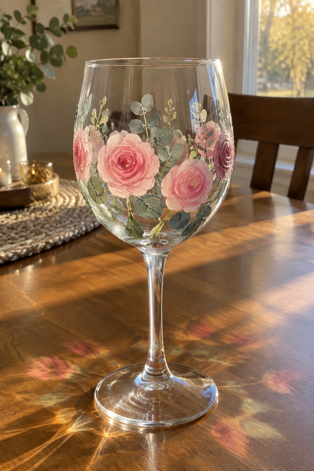 Hand-painted wine glass with pink roses and eucalyptus on sunlit wooden table