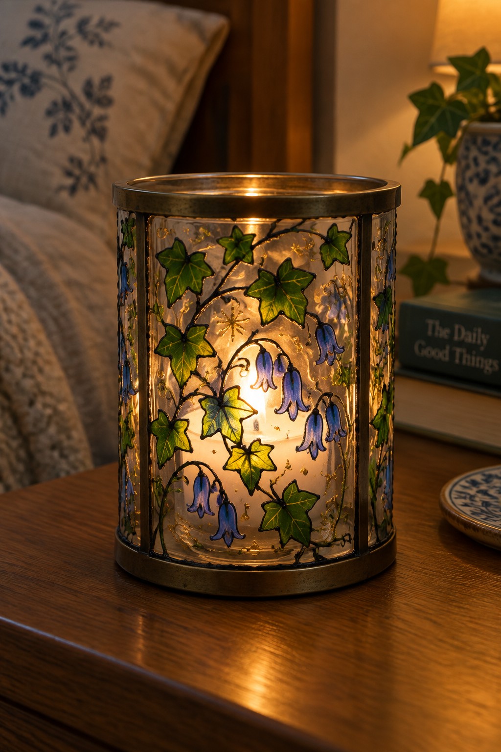 Candle glowing in brass lantern with green ivy and blue bellflowers on wood
