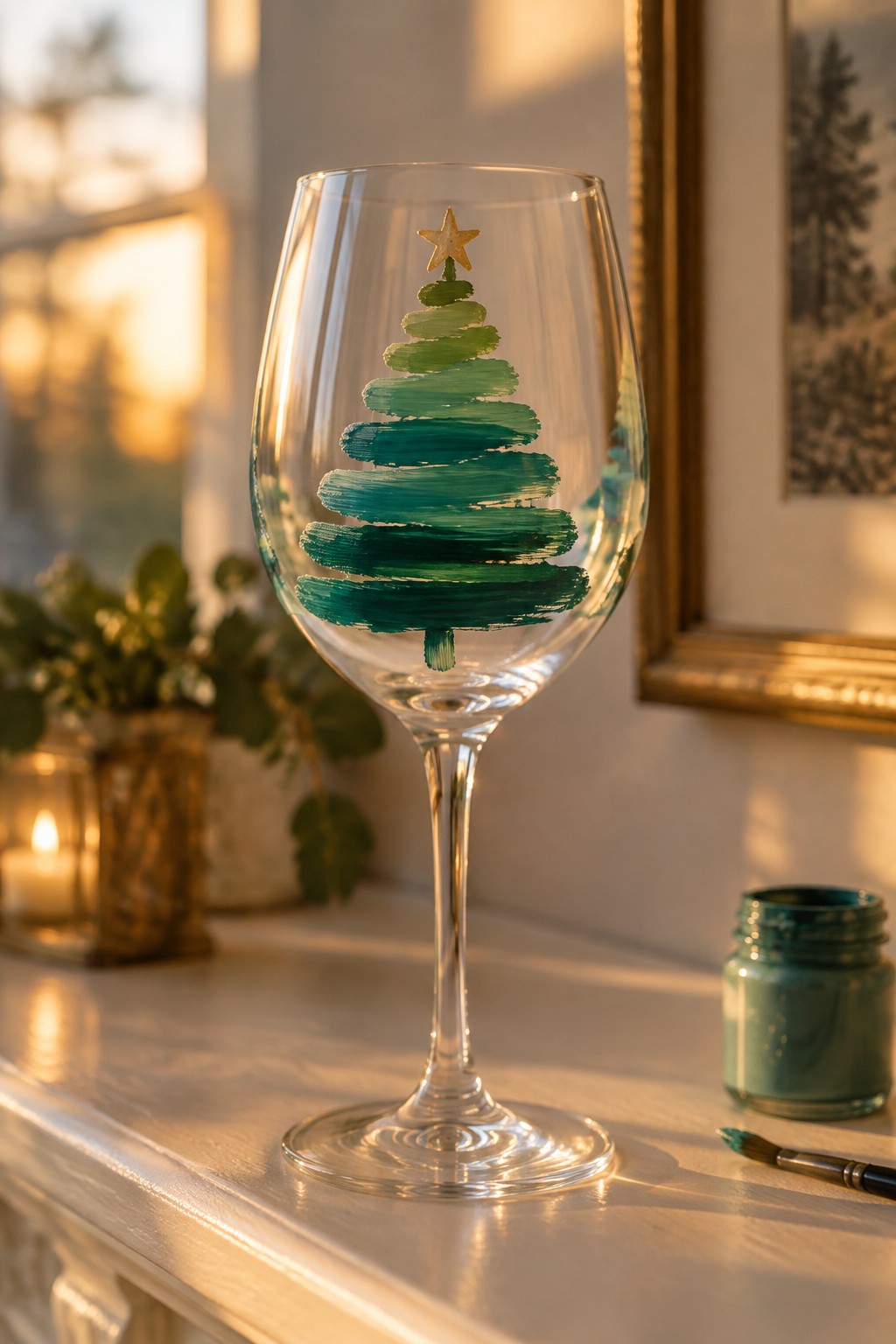 Clear wine glass with hand-painted green Christmas tree and gold star on white surface
