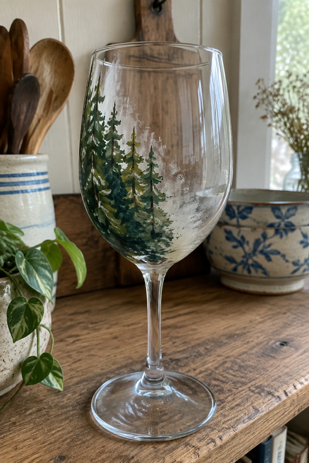 Wine glass hand-painted with green pine trees on rustic wooden table